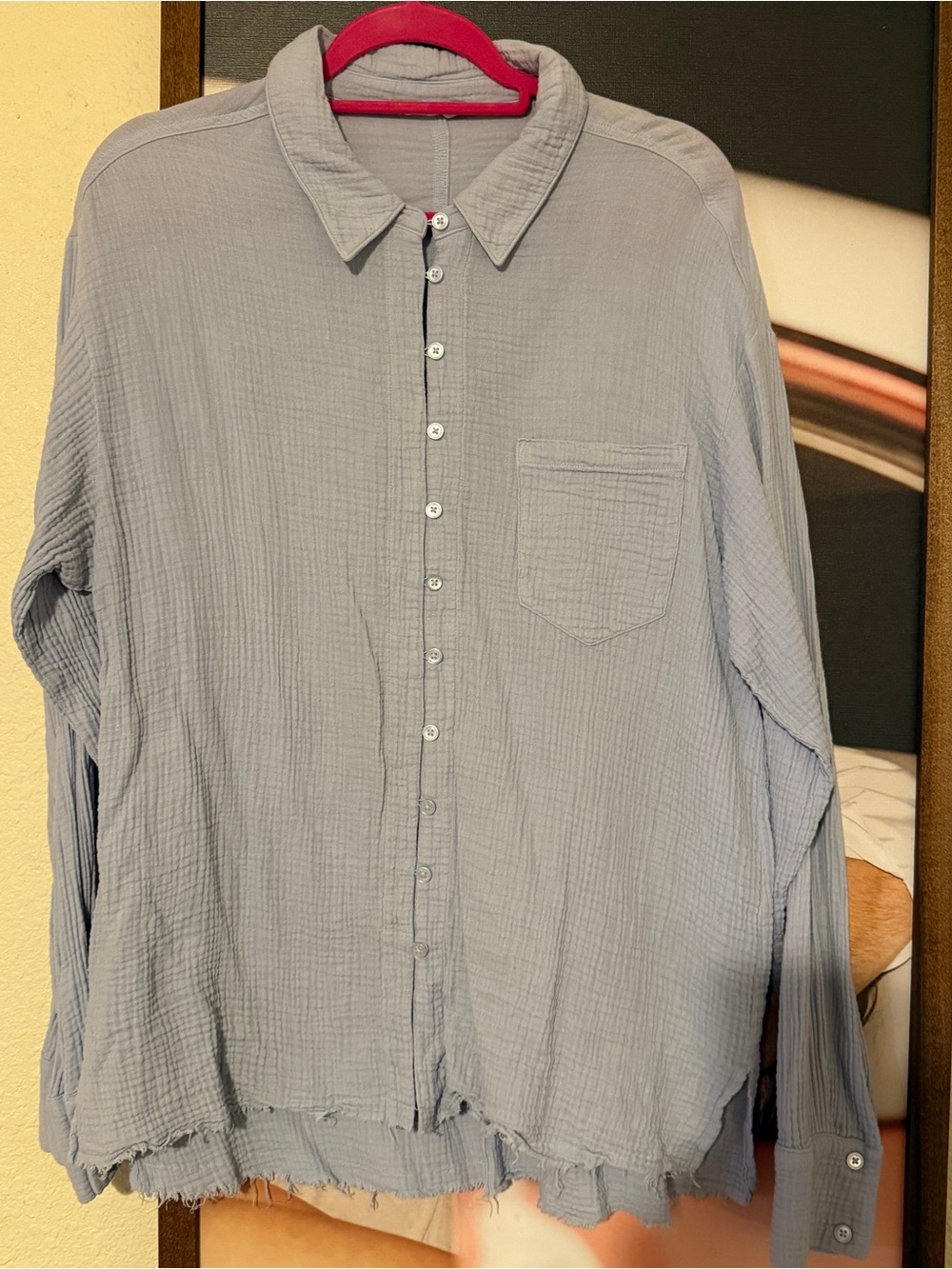 Women’s Altar’d State Light Blue Button-Up Gauze Raw Edge Shirt